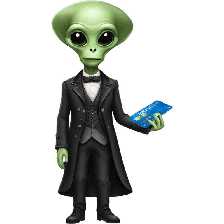 alien galora in Victorian dress elegant, full body, holding big credit card emoji