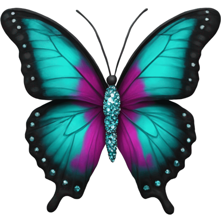 Realistic dark turquoise and black butterfly with magenta accents and rhinestones on it. emoji