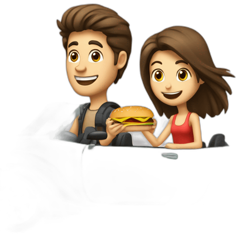 Brunette-boy-and-brunette-girl-roadster-car-driving-with-hamburger emoji