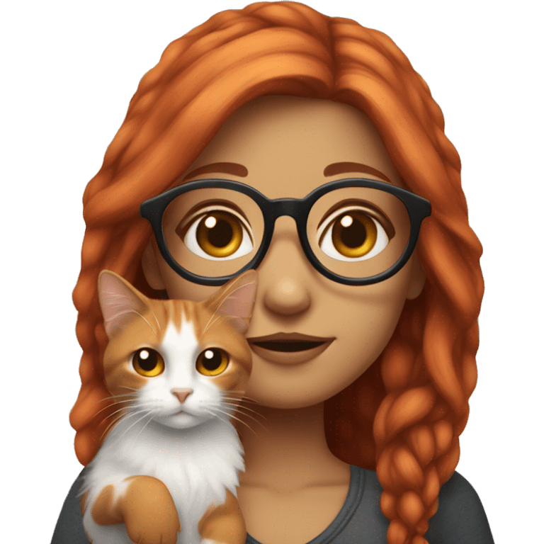 White Red head girl with glasses holding long-haired calico cat emoji