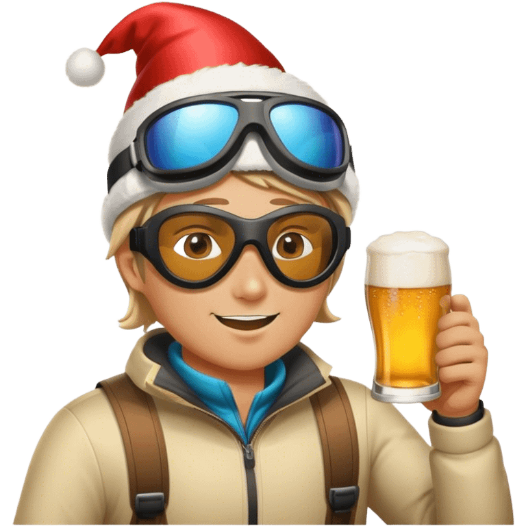 After-ski, a skier, wearing modern skiing goggles, drinking beer. Party emoji