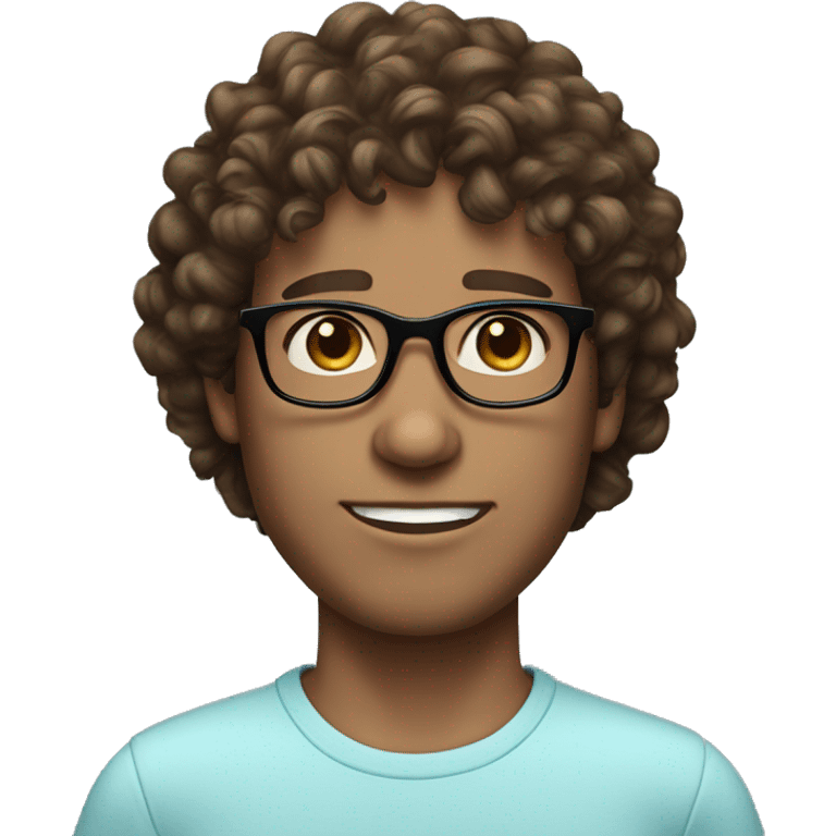 Curly, brown hair male with light blue eyes, round glasses, sharp jawline emoji