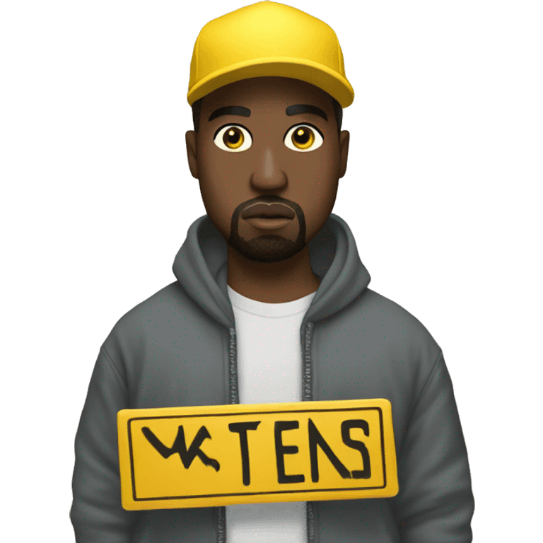 Kanye west holds a yellow sign with emoji