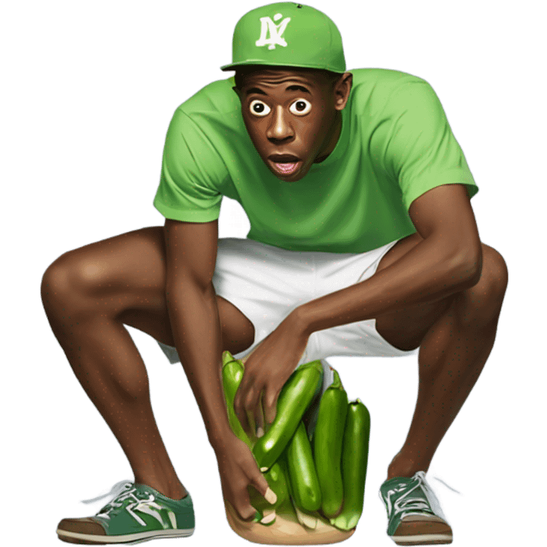 Tyler the creator grappling a pickle in between his legs while squatting emoji