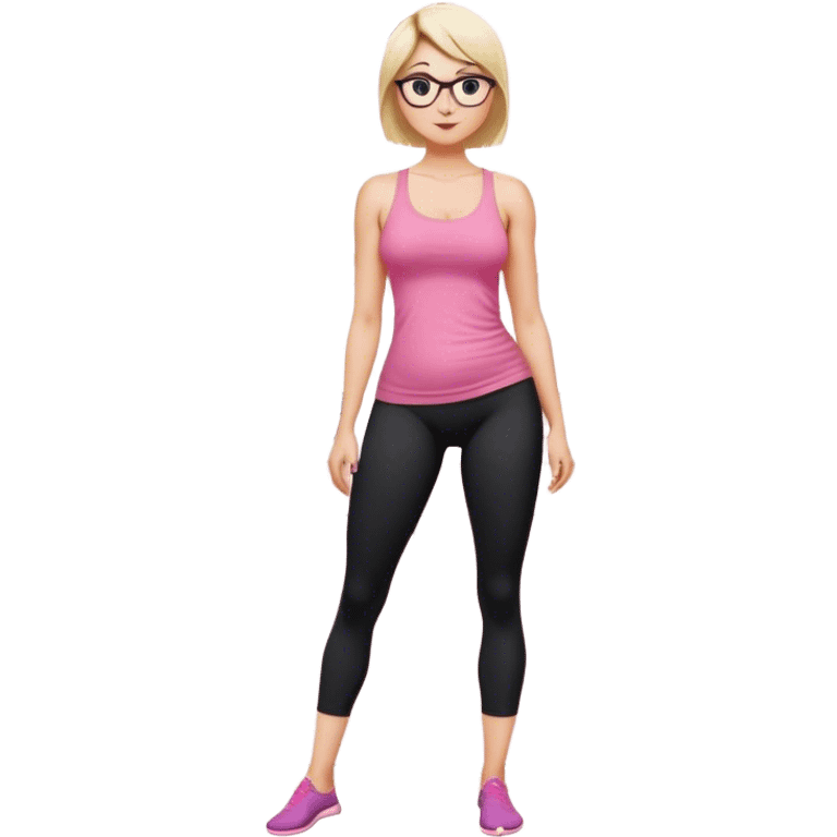 Full body view, fair skinned woman, curvy, short blond hair, small reading glasses, cooking dinner in kitchen, pink loose tank top, showing natural B cup breast shape SFW, black yoga pants, large curvy booty emoji