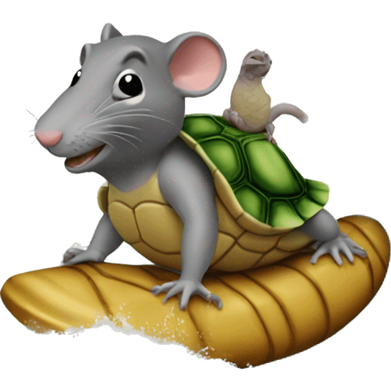 A rat riding a turtle while on a wave on the beach  emoji