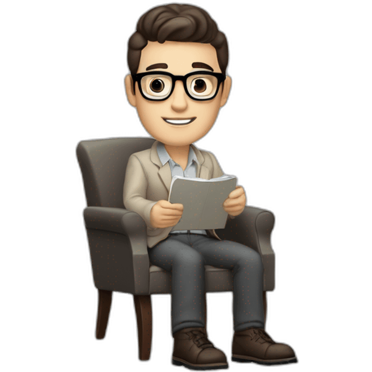 Pale skinned Fit Man With dark brown hair in gray jacket, beige office shirt and vintage glasses sitting In a soft chair with a notebook with emblem Ψ and a pen in his hands emoji