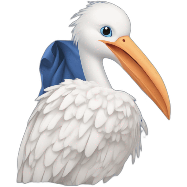  A big white stork carrying a blue bundle of cloth in its beak that has a cute white skinned baby face peeking out from it with black head emoji