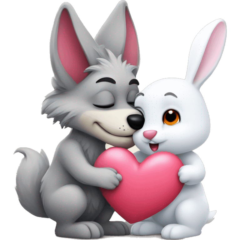 Old Wolf kisses a white Bunny who has pink ears, with big red heart between them emoji