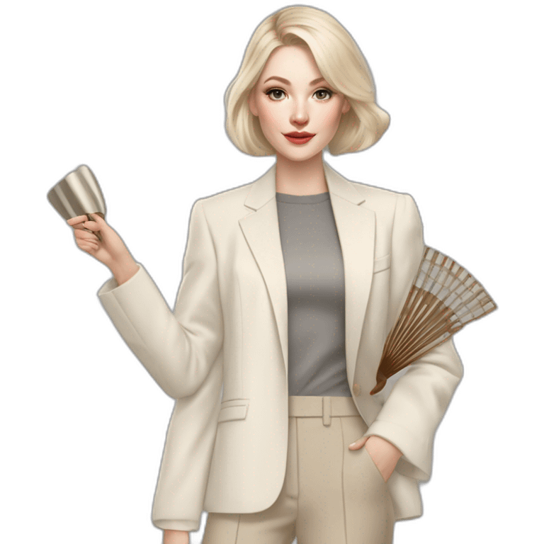 pale skin woman with ash blonde Straightened bob Hair, White Spacious classical jacket, beige palazzo Arrow pants and gray blouse holding a fan from color palettes in the hands emoji