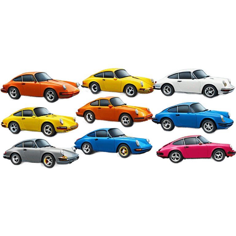 SIX CARS porsche 911 cars lined up next to each other all different colours emoji