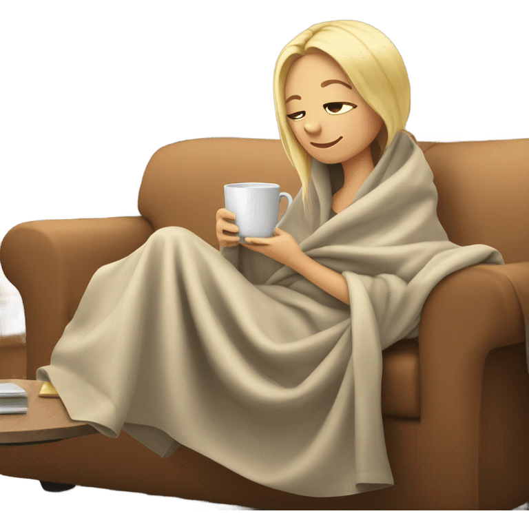 Blond girl drinking coffee in a blanket on the sofa  emoji