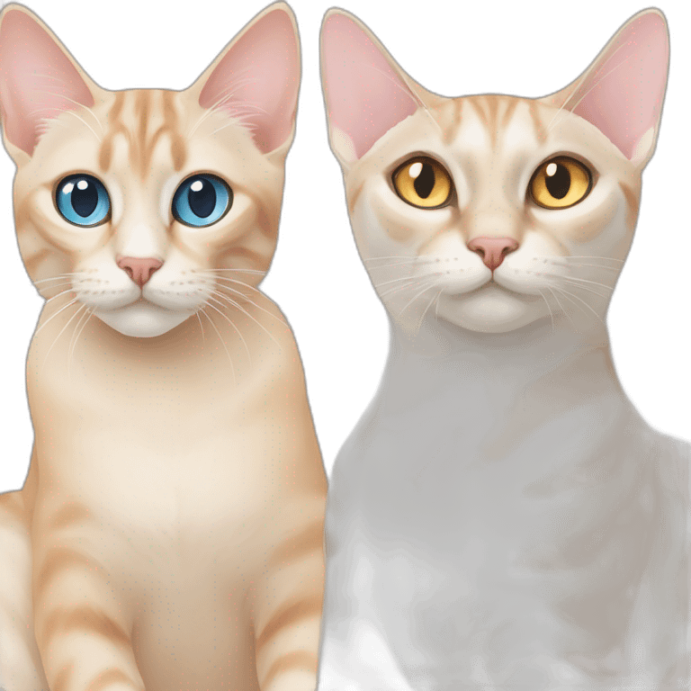 three cats one pink lynx point siamese cat with blue eyes ,one orange and white tabby cat with yellow eyes ,one orange cat with orange eyes emoji