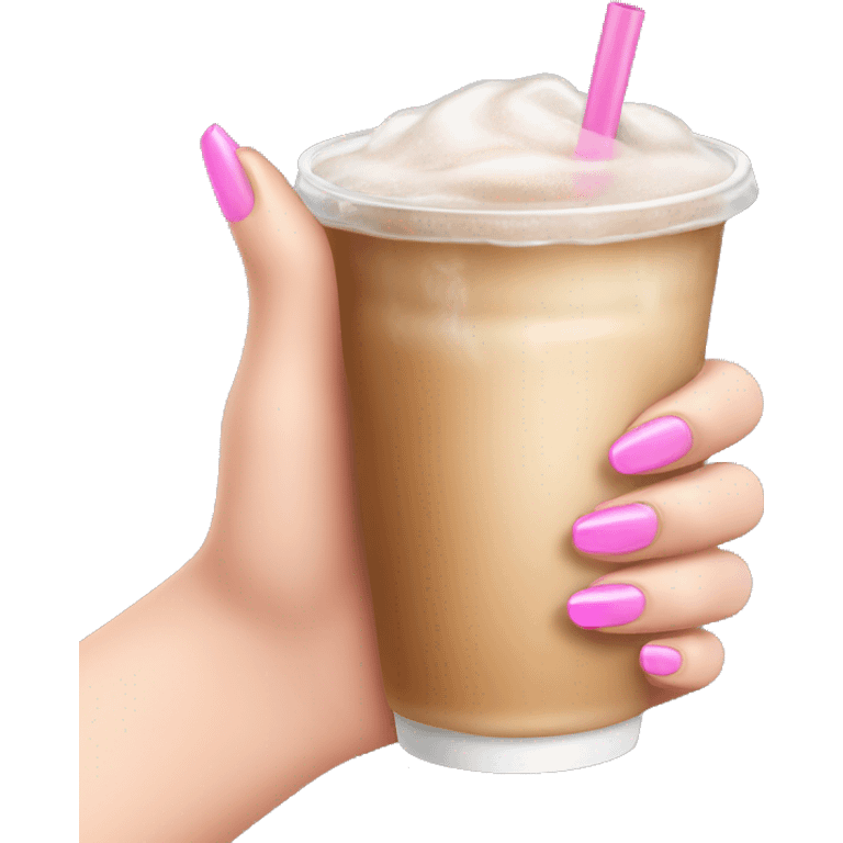 white left female hand with long pink nails clutching iced  coffee emoji