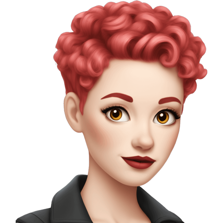 Woman with very pale skin, with bright red pixie cut curly hair, heavy eye makeup, cat eyeliner, long eyelashes, bright pink blush and bright pink lipstick  emoji