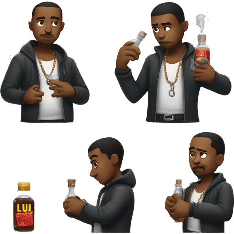 a heartbroken a gangster with a chain that says "llul.teezy'' while holding a potion bottle.  emoji