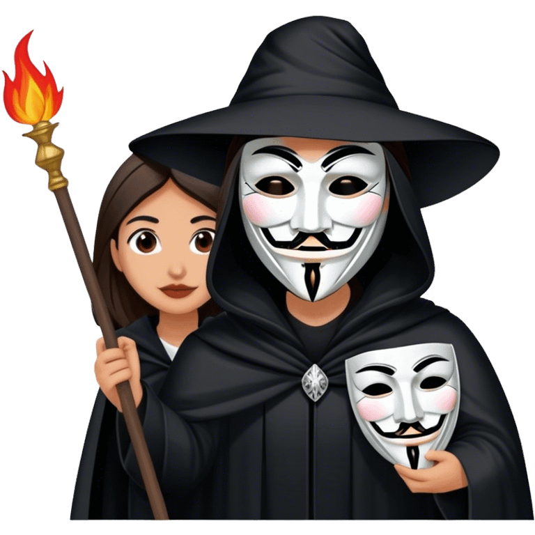 AOC in a black cloak revealing herself behind a guy fawkes mask emoji