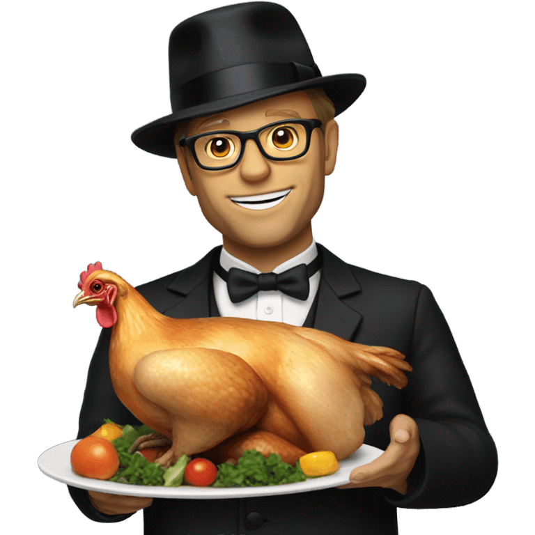 Alton brown hokding roasted chicken with black bowler hat emoji