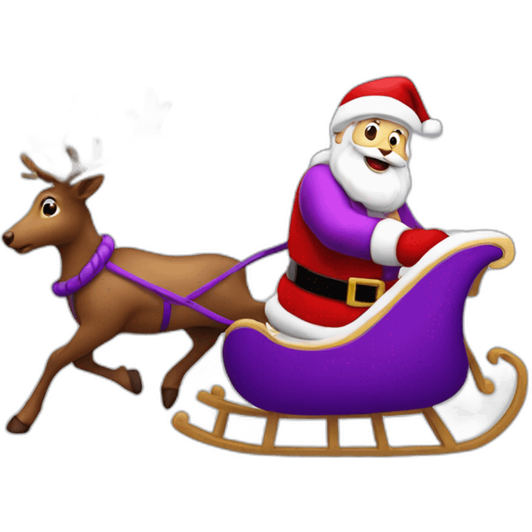 Santa Claus dressed in purple running with his sleigh and reindeer to deliver presents emoji