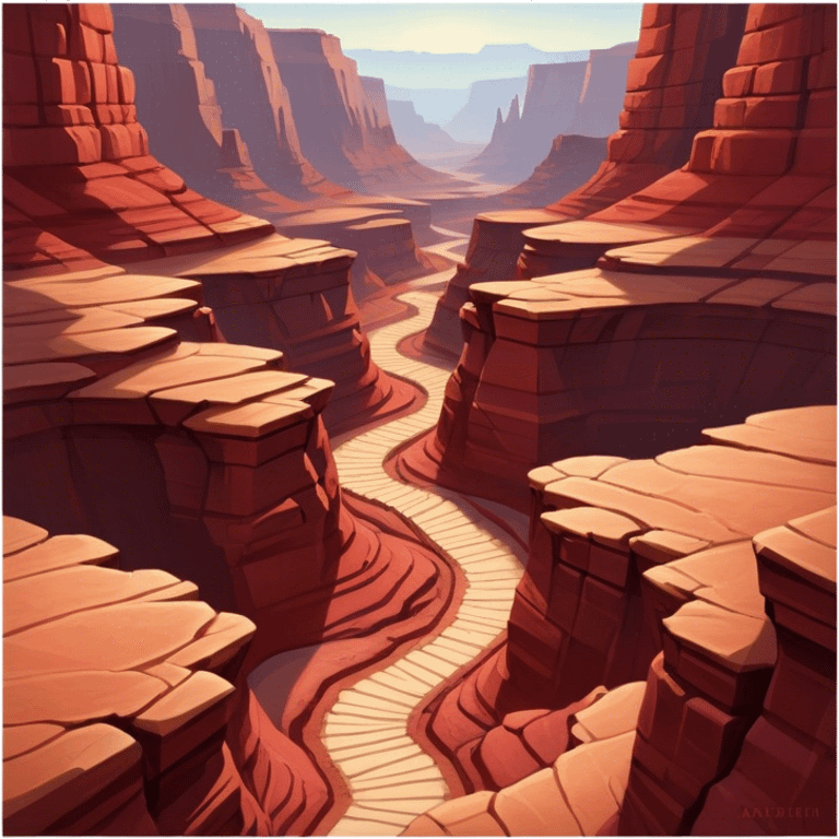 Cinematic Realistic Canyon Emoji, Vast and rugged, with deep red rock formations and winding paths leading down to a dry, dusty floor. Sunlight casts long shadows across the craggy surfaces, highlighting the layers of ancient rock. Soft glowing outline, capturing the essence of dramatic beauty and ancient history in a mighty canyon. emoji