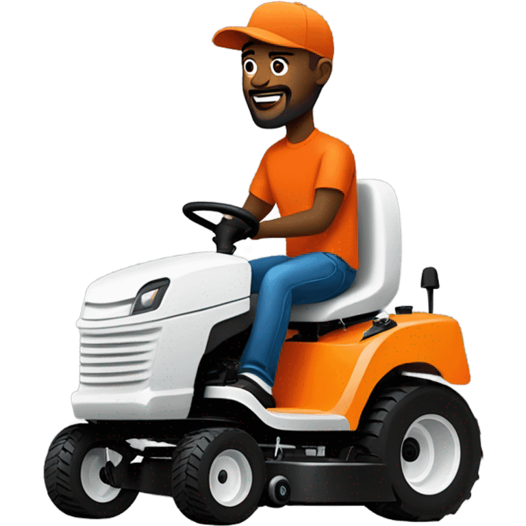 Black skin guy with beard, orange shirt, orange hat, black jeans and white jordans lowing a lawn with red and black lawn mower emoji