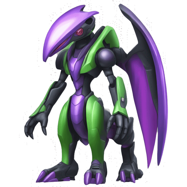 a shiny black-green-purple Genesect-Flygon-Raptor-Fakémon-Medabot-hybrid with a futuristic visor-helmet full body emoji