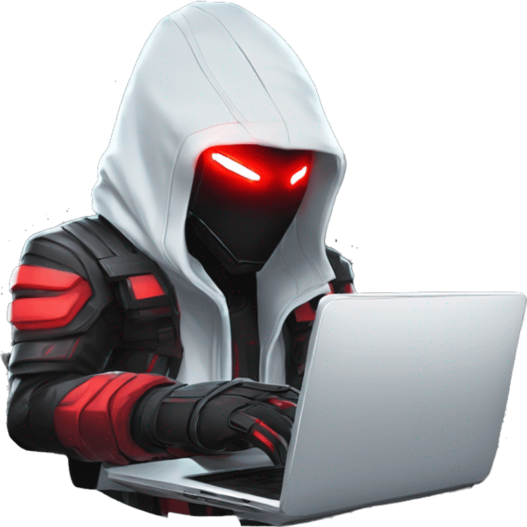 developer behind his laptop with this style : crysis Cyberpunk Riot Games Valorant neon glowing bright red character red dark black hooded assassin themed character emoji