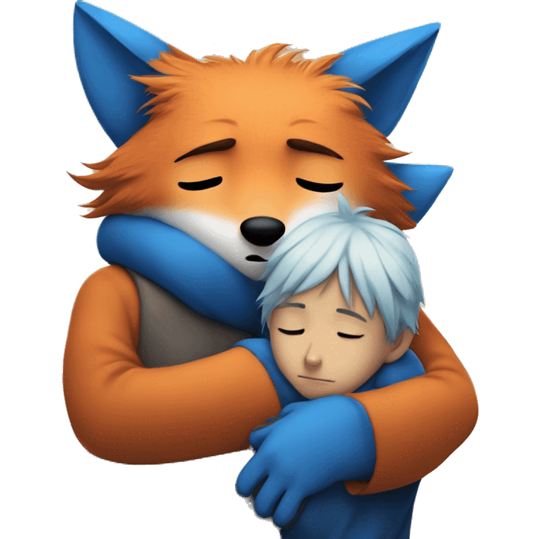 Sad fox being cuddled by blue haired boy in fox mask  emoji