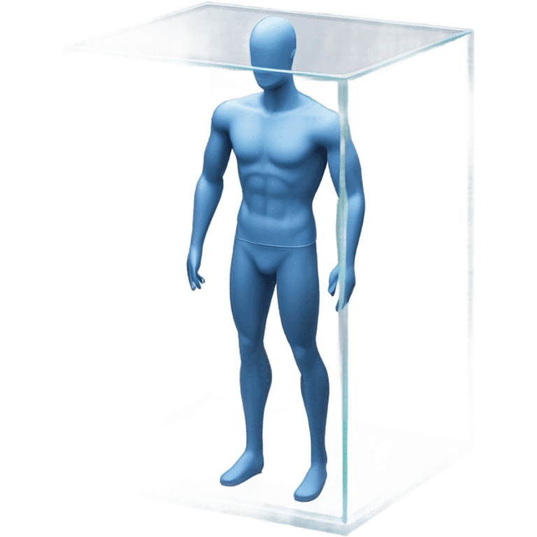 male mannequin abs cubes inside a glass cube on a stand isometric view emoji