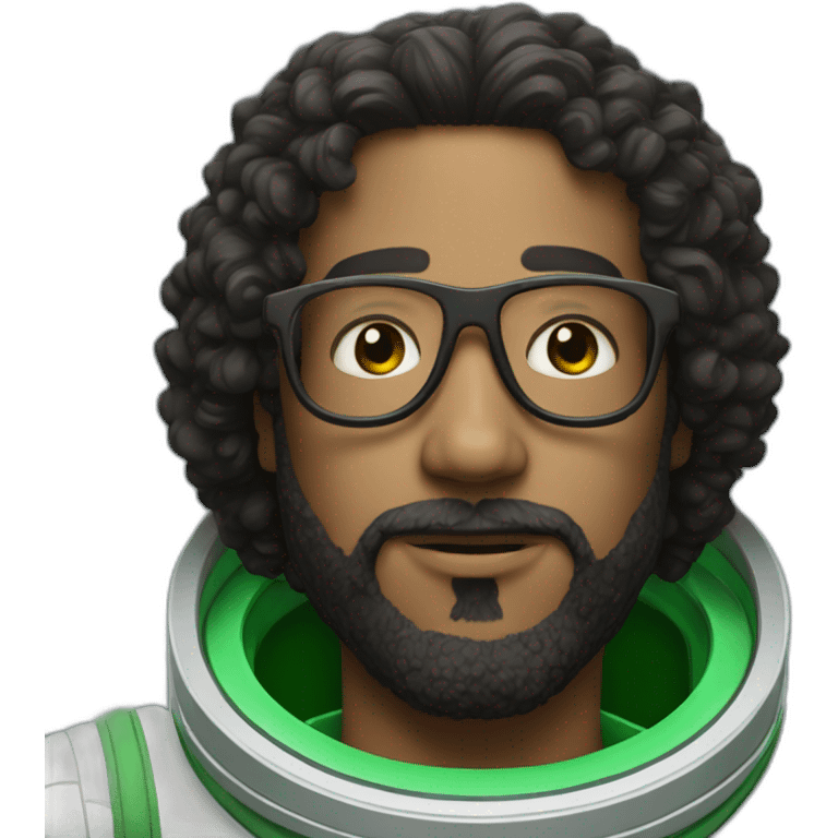 Man with black short curly hear and beard and glasses wearing a green and white astronaut suit emoji