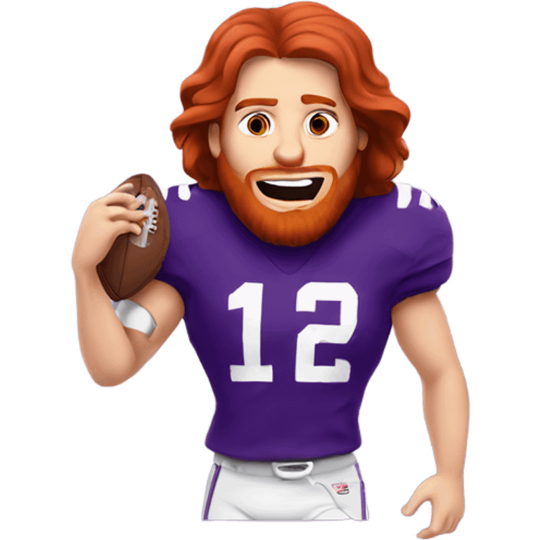 Redhead jesus playing American football wearing purple and silly face emoji