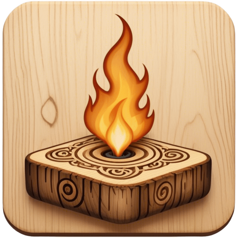 Pyrography icon, wooden surface with intricate burn marks, detailed patterns being burned into wood with a pyrography tool, smoke rising, minimalistic style, clean lines, transparent background. emoji