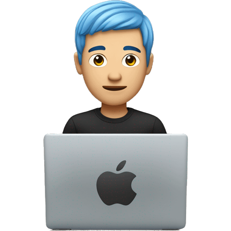 memoji of an asian man with a laptop in front, apple-style, modern, blue hair, black sweater, computer in hand, sites on a desk emoji