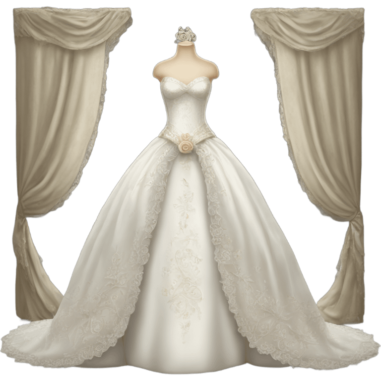 Hyper Realistic ornate 
Elizabethian Wedding dress displays emoji