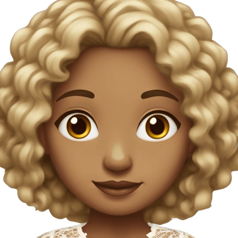 brown-skinned girl with brown eyes and dark brown curly hair with blonde highlights wearing cute lace top emoji