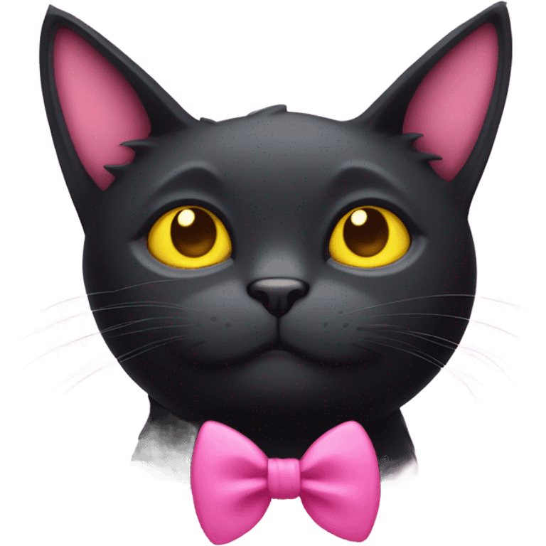 lazy black cat with yellow eyes, pink ears, and a pink bow around the neck emoji