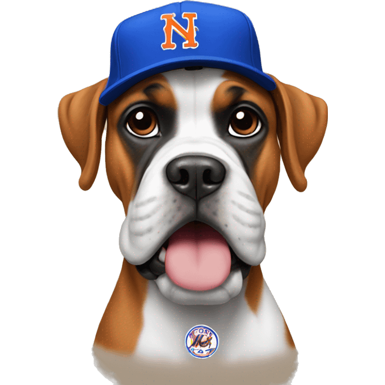 Boxer dog wearing New York Mets hat emoji