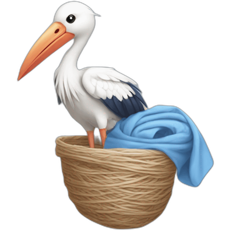 White stork carrying a blue bundle of cloth in its beak that has a human person cute baby with and the human baby head is peeking from the fabric bundle the strok is carrying with its beak emoji