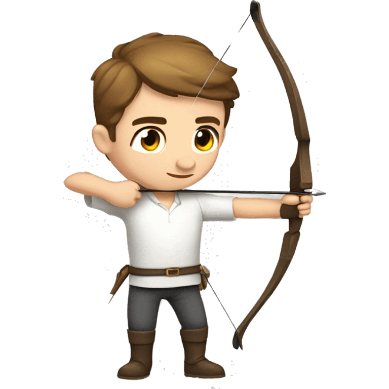 a male archer aiming with a bow facing  his target, eyes closed, wearing a white shirt, very short brown hair, bright skin emoji