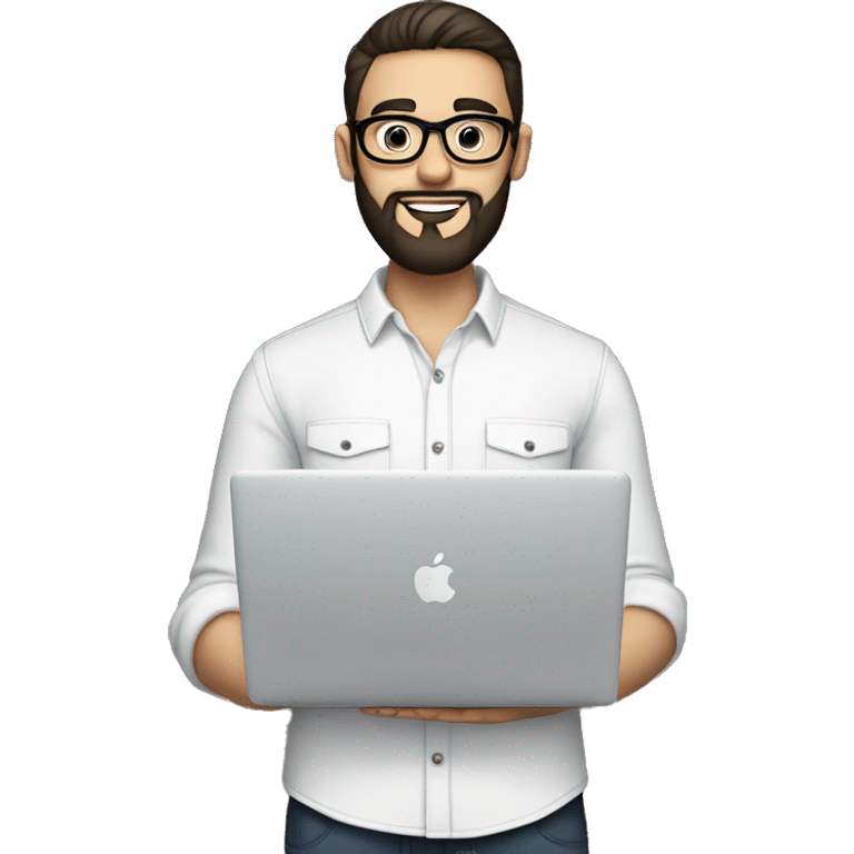 Emoji man with beard holding macbook in hands wearing glasses and shirt, profession - graphic designer. Features: white skin, full body type, dark hair, age 21 years, earring in left ear emoji