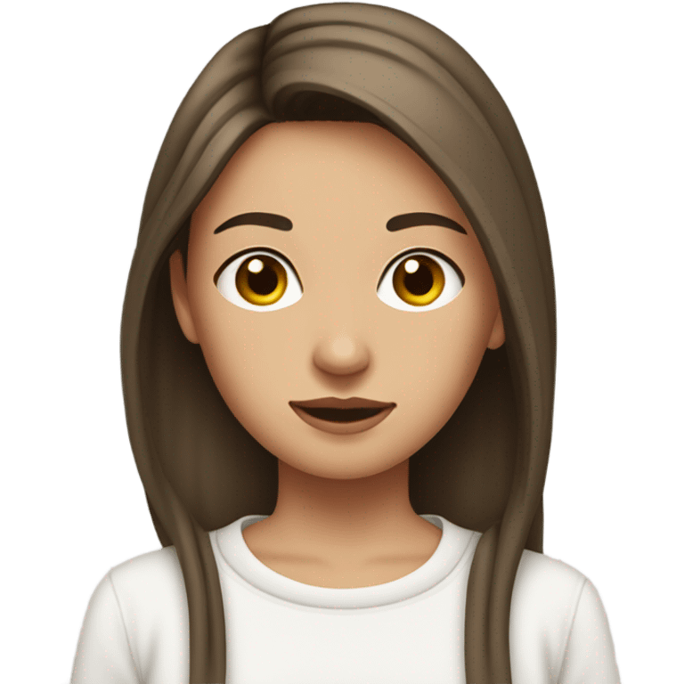 A girl with straight brunette medium length hair wearing a white sweatshirt with a ribbon in her hair emoji