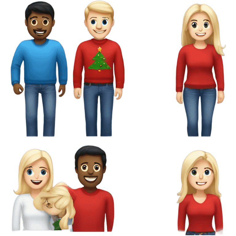 Happy white guy with black hair with red christmas jumper and blue jeans , and happy blonde woman with white christmas jumper blue jean emoji