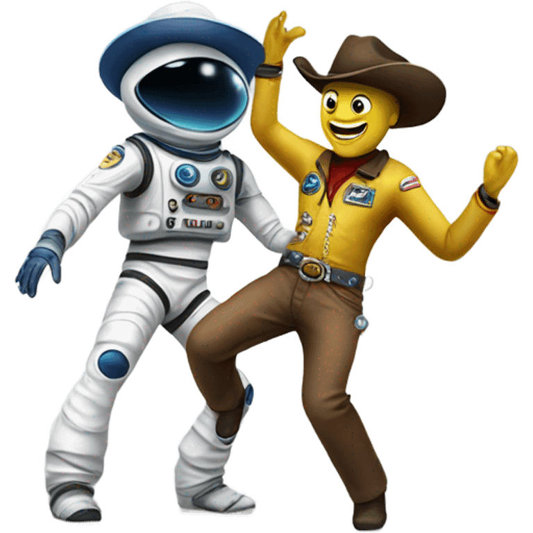 Cowboy in spacesuit dancing with an alien emoji