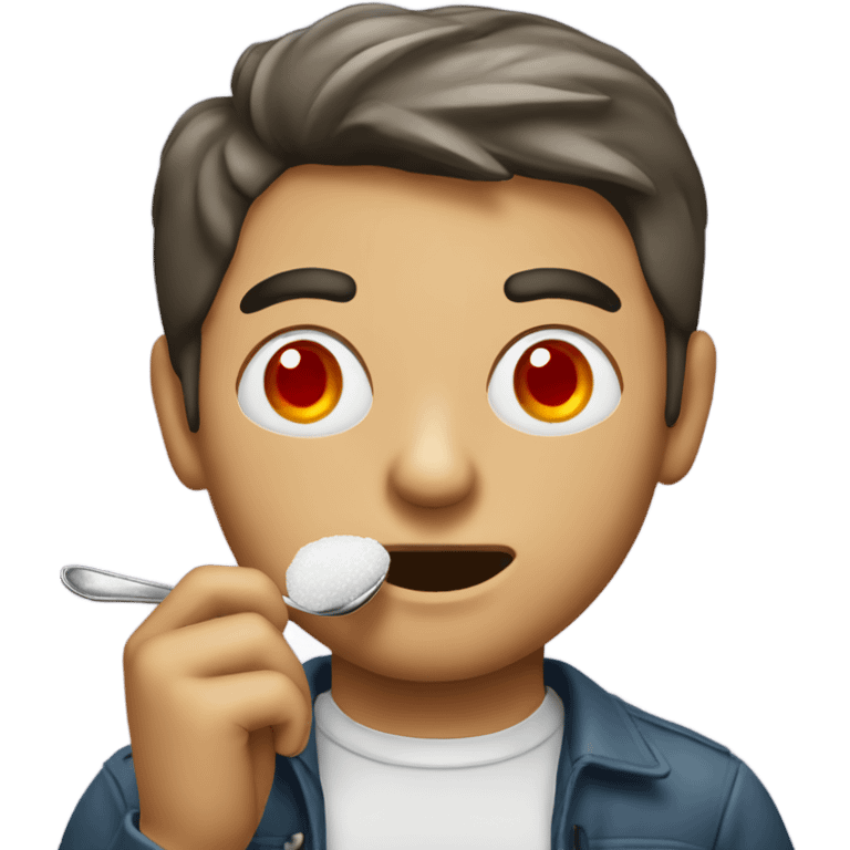 Man eating sugar from a spoon with red eyes emoji