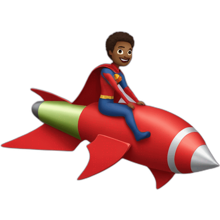 person dressed with a superhero cape but without mask is riding on a rocket emoji