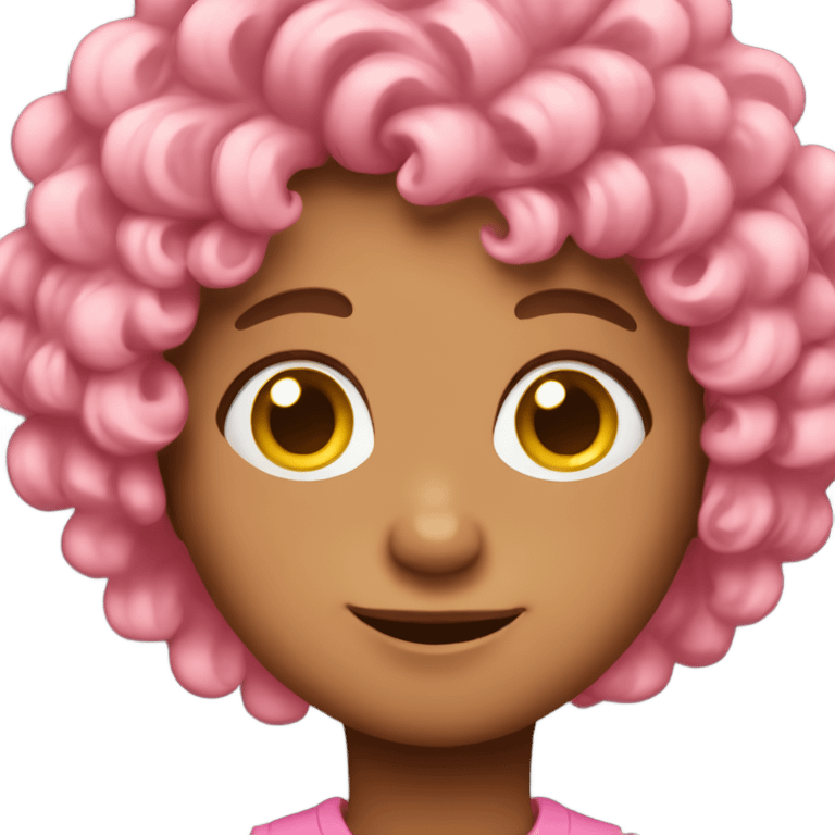 A boy with curls with pink front strands looks forward emoji