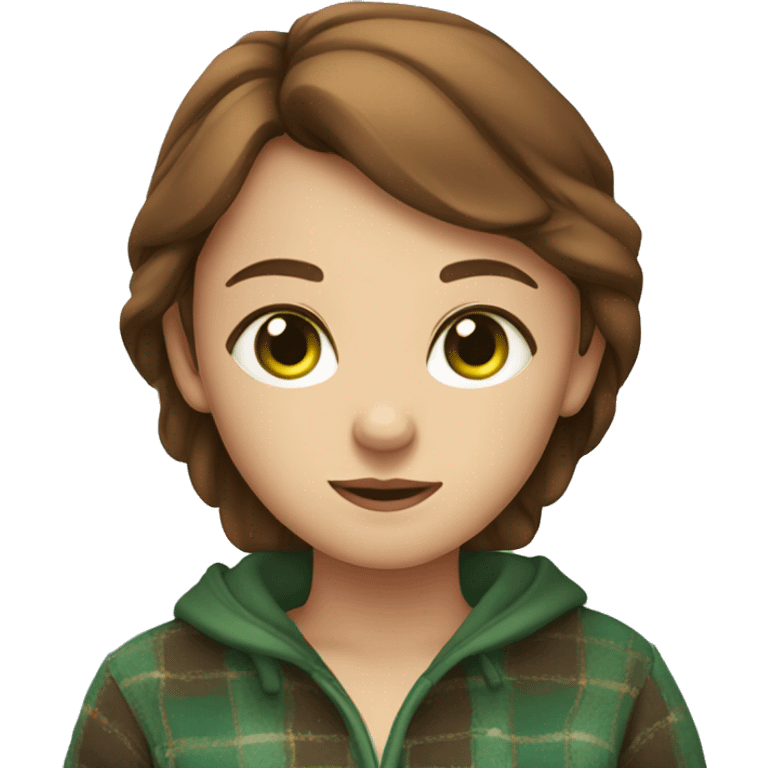 A girl with green eyes and brown hair is wrapped in a plaid emoji