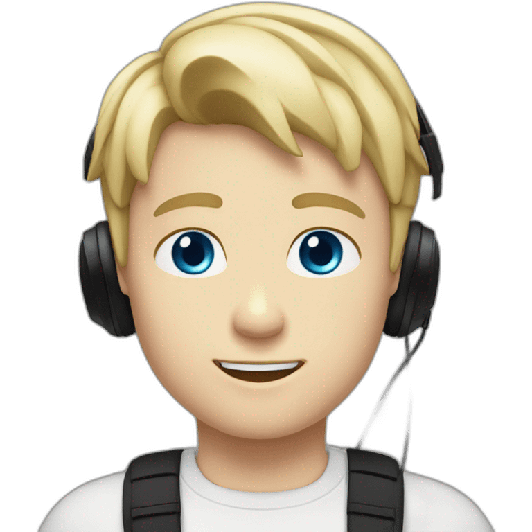 A blond short haired boy blue eyes with a black tank shirt and a black headset emoji