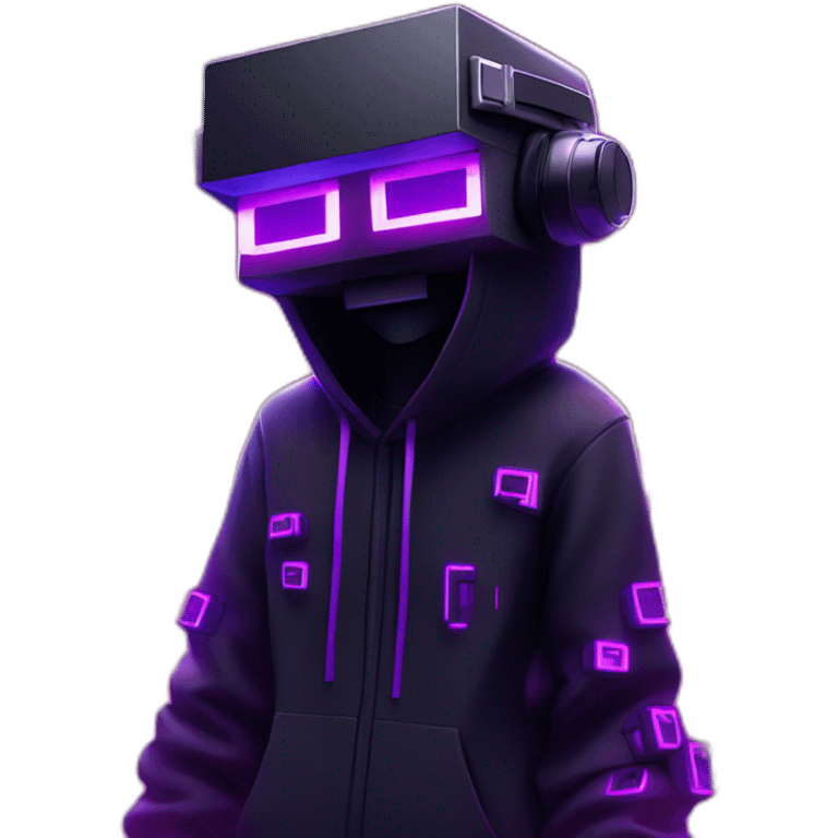 Minecraft Creeper wearing a black hoodie with "OMG" letters on it and VR headset in a cyberpunk VR environment with violet neon lighting. emoji