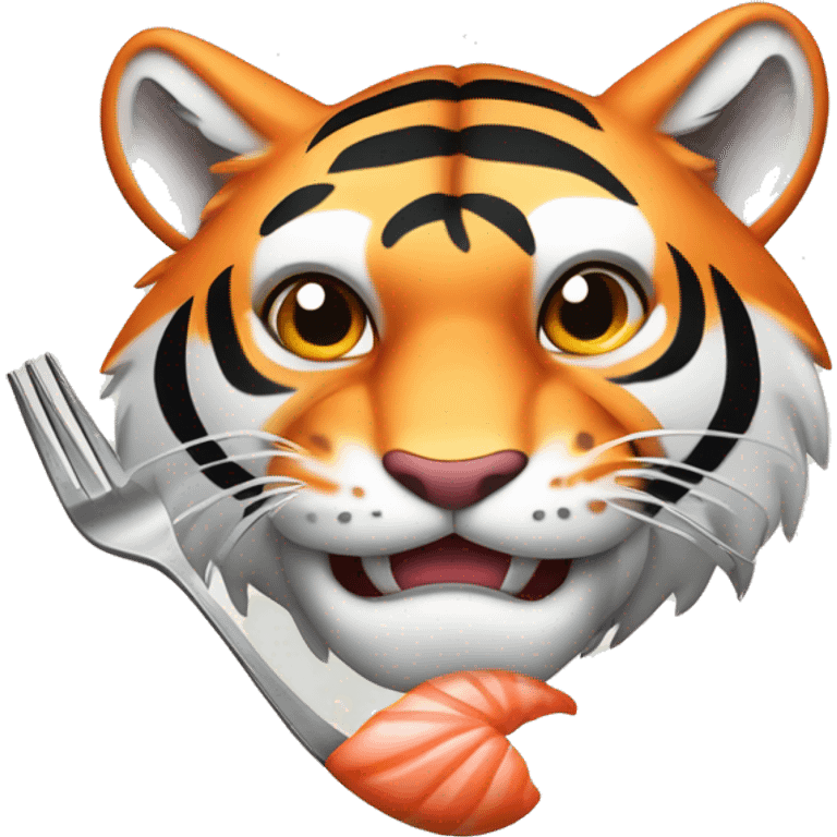 a muscular grinning tiger holding a fork poking into a fillet of salmon with the tip of its paws emoji